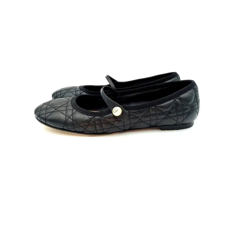 Dior Cannage Mary Jane Ballet Flats Black Leather Quilted Size 37.5 / 7.5 Pearl